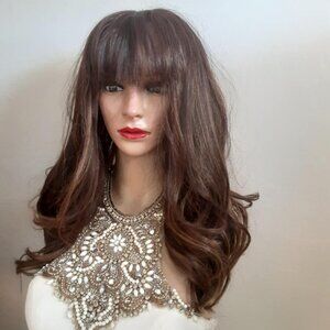 Chocolate Brown lace front wig with highlights 16'' with bangs
